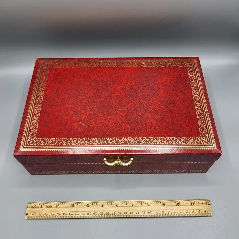 Vintage Mele Jewelry Box Womens Red Tiered Faux Leather Gold Filigree AS IS